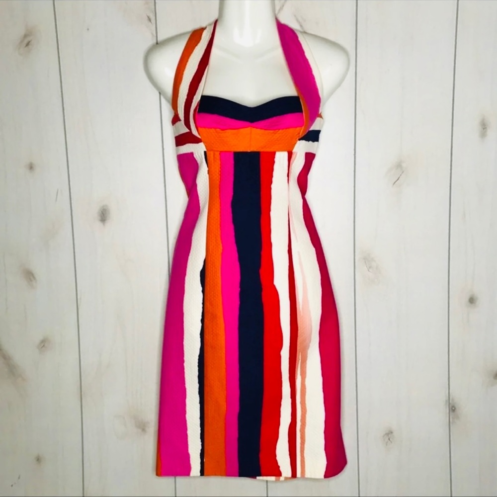 Diane von Furstenberg Bright Striped Halter Sheath Dress Cocktail Party Pink